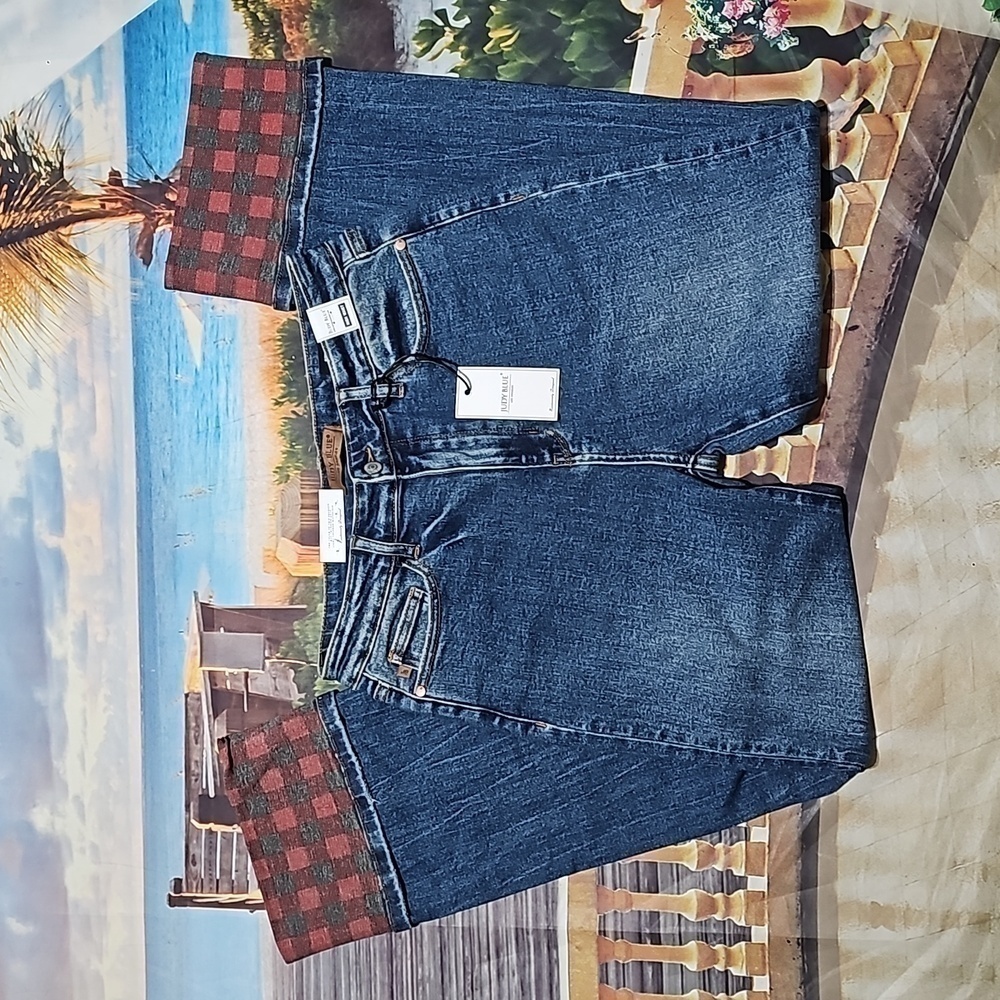Judy Blue High Waisted Straight Plaid‎ Cuffed Jeans Size 11/30 NWT - Picture 2 of 10